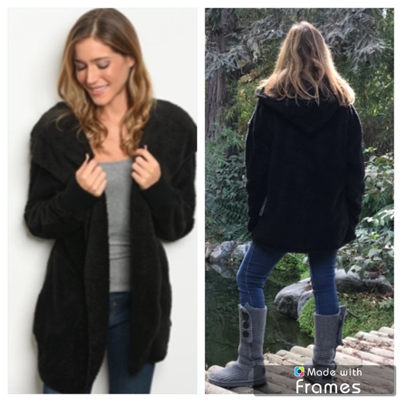 Olivia Sky Jackets & Blazers - Black Plush Hooded Sherpa Cardigan w/Pockets